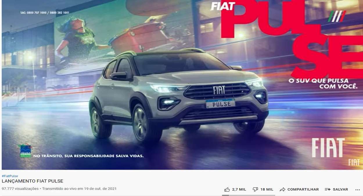Lançamento Do Fiat Pulse Teve 18 Mil Deslikes Foto, Reprodução,Youtube Fiat
